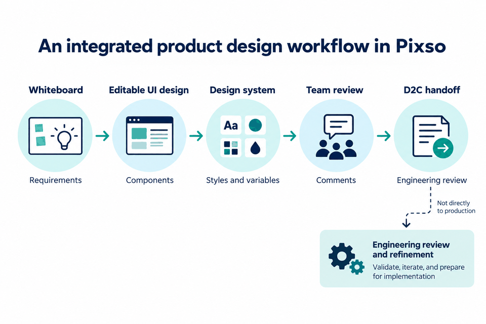 Pixso product design workflow connecting whiteboard requirements, editable UI components, a design system, team comments, and D2C output for engineering review.