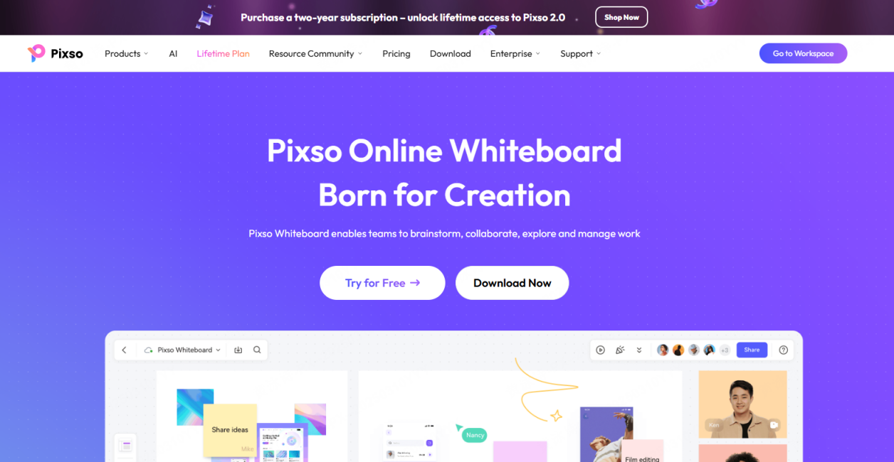 Pixso online whiteboard landing page with a collaborative board preview