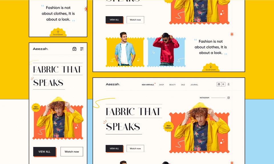 Responsive fashion storefront layouts with large display type, model photography and paired actions