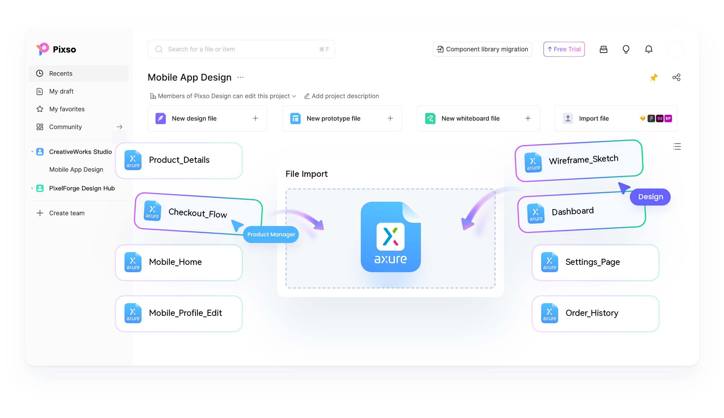 Рабочее пространство Pixso для импорта проекта Axure