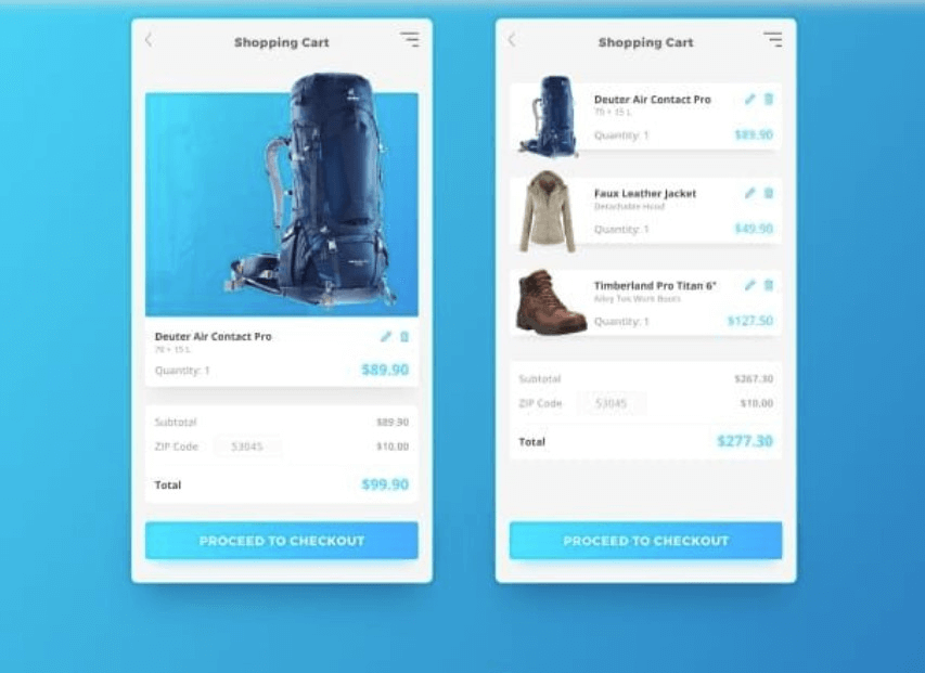 Shopping-cart layouts with one item and multiple items