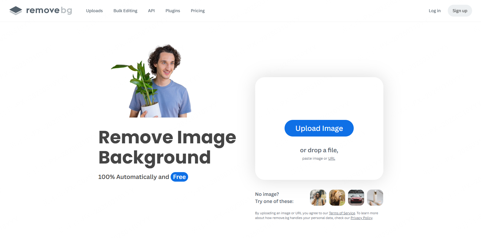 remove.bg background removal page with its Upload Image button