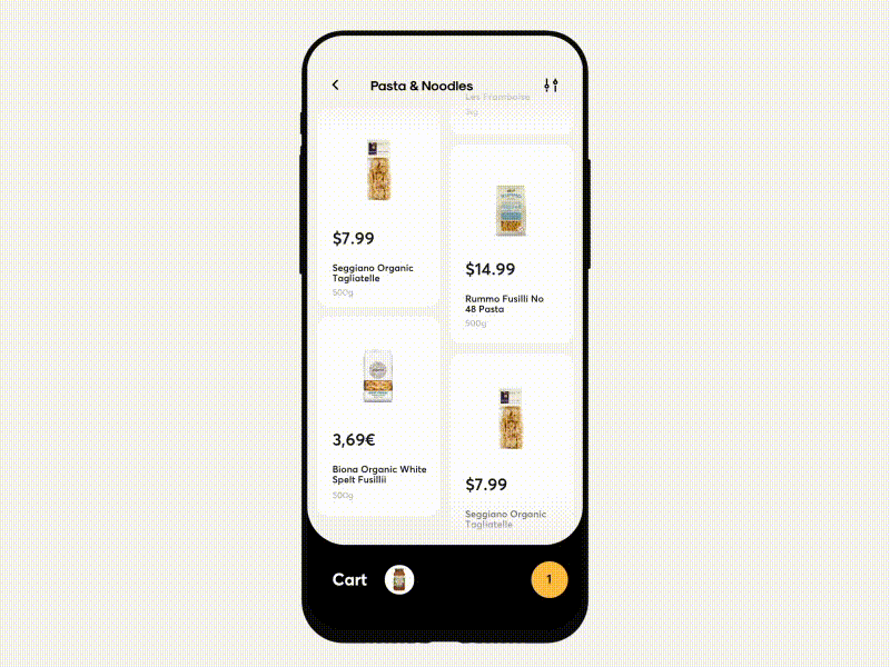 Grocery product list with a cart entry at the bottom