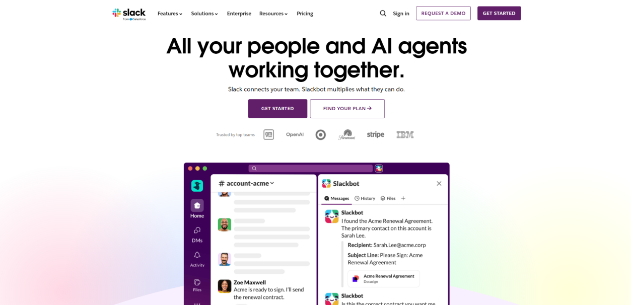 Slack homepage presenting people and AI agents in a shared workspace
