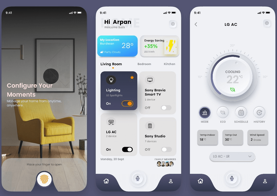 Smart-home mobile screens separating room status from individual device controls