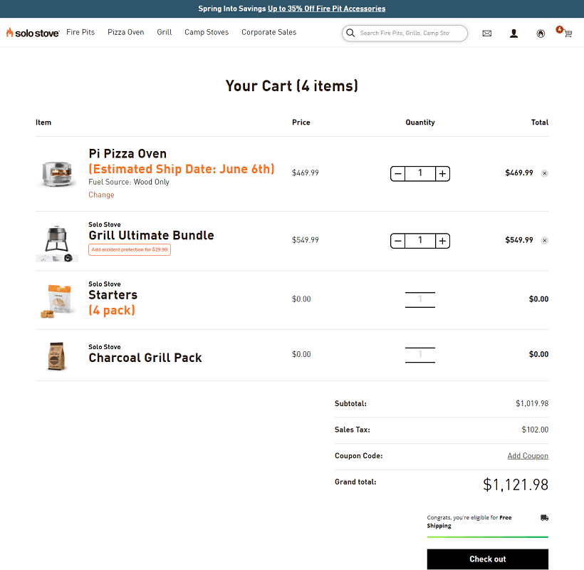 Solo Stove cart with item quantities, prices, and order totals