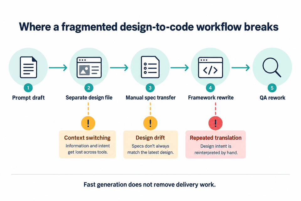 Five-stage fragmented design-to-code workflow showing context switching, design drift, and repeated framework translation before QA.