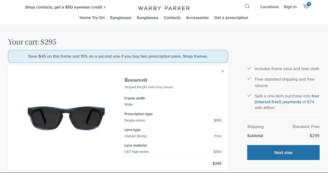 Warby Parker cart showing frame and lens details