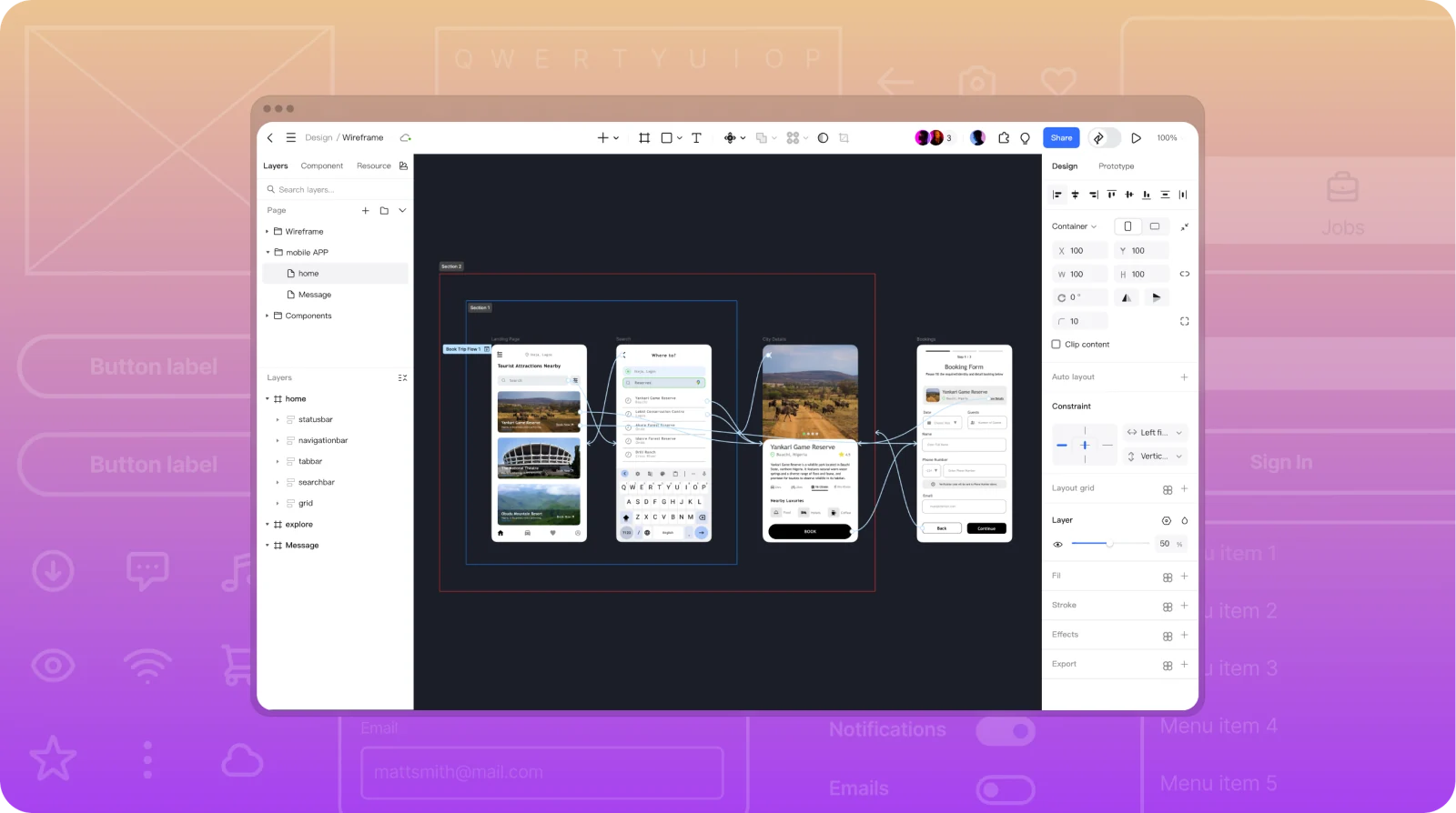 Pixsoエディターに表示された旅行アプリ。4つのモバイル画面がデザインキャンバス上でプロトタイプ接続線につながっている