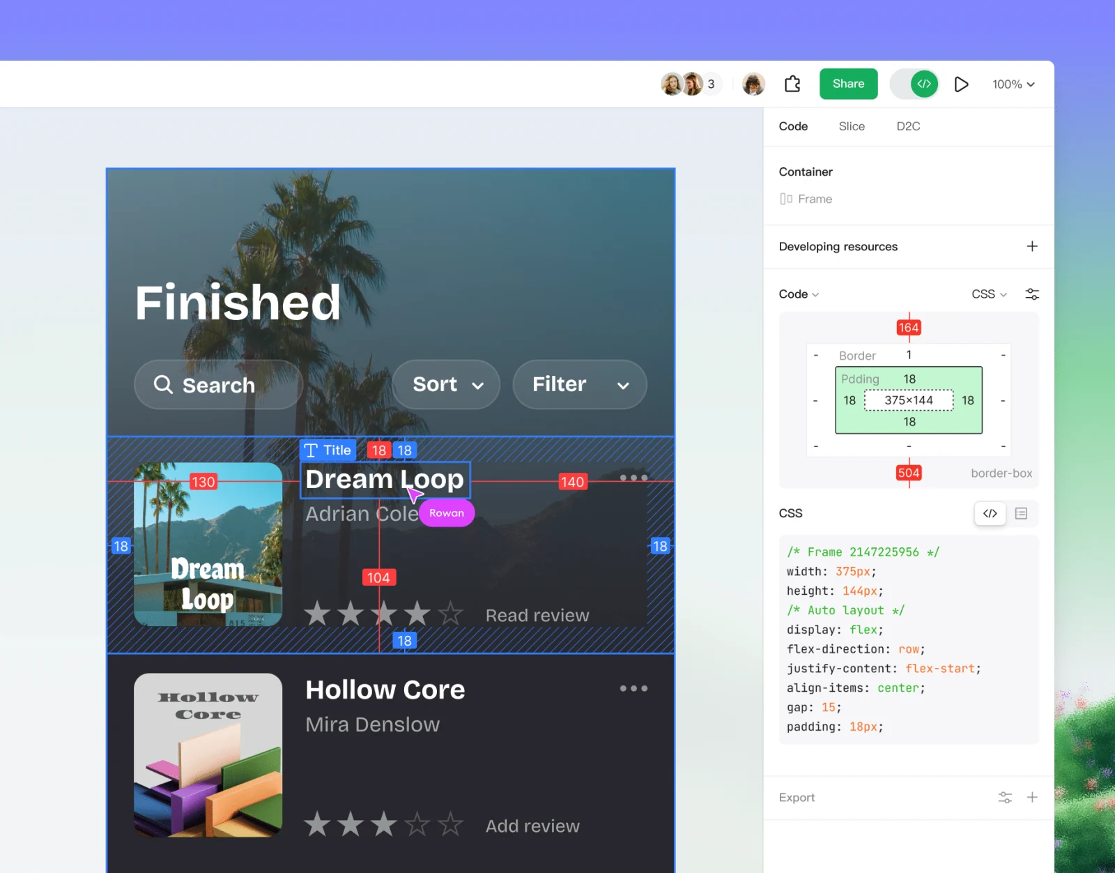 Pixsoの開発者モード。選択したデザイン、ボックスモデルの寸法、CSS参照情報、書き出し関連のタブが表示されている