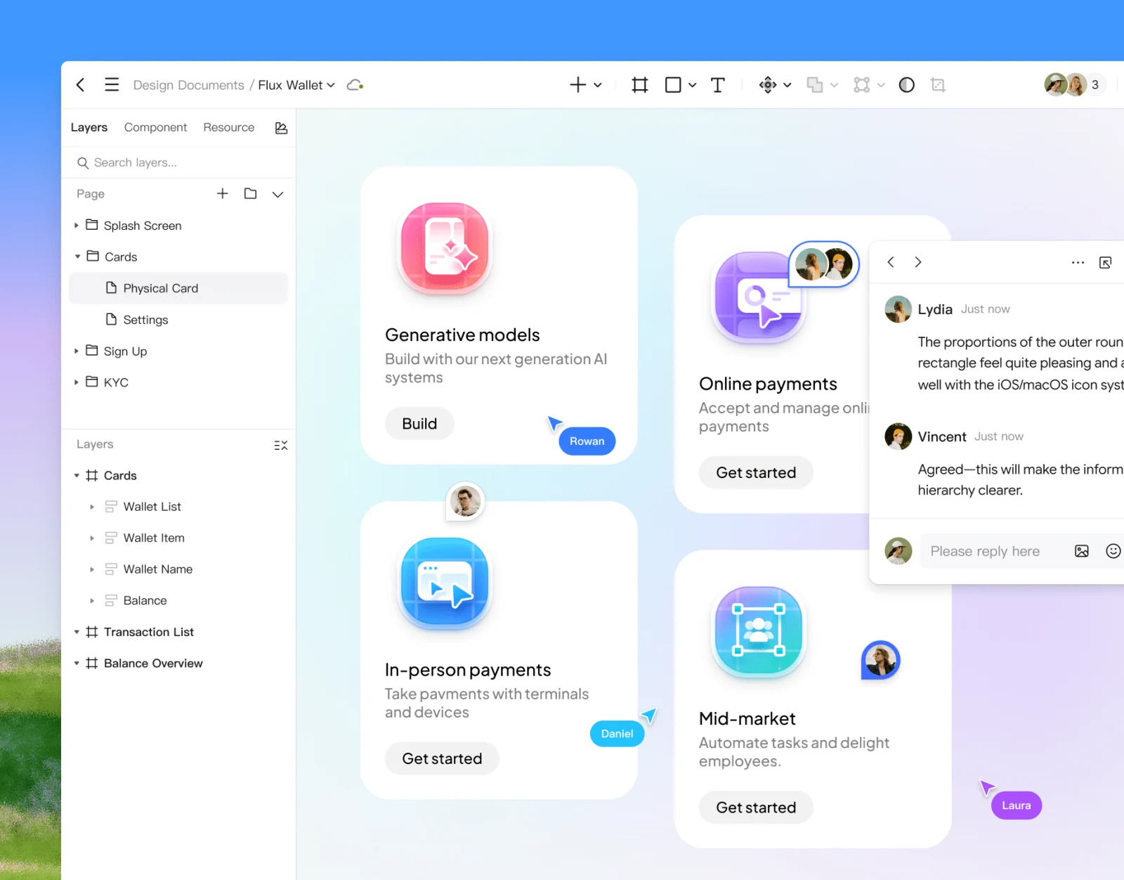 Совместное обсуждение карточек интерфейса в Pixso с комментариями участников