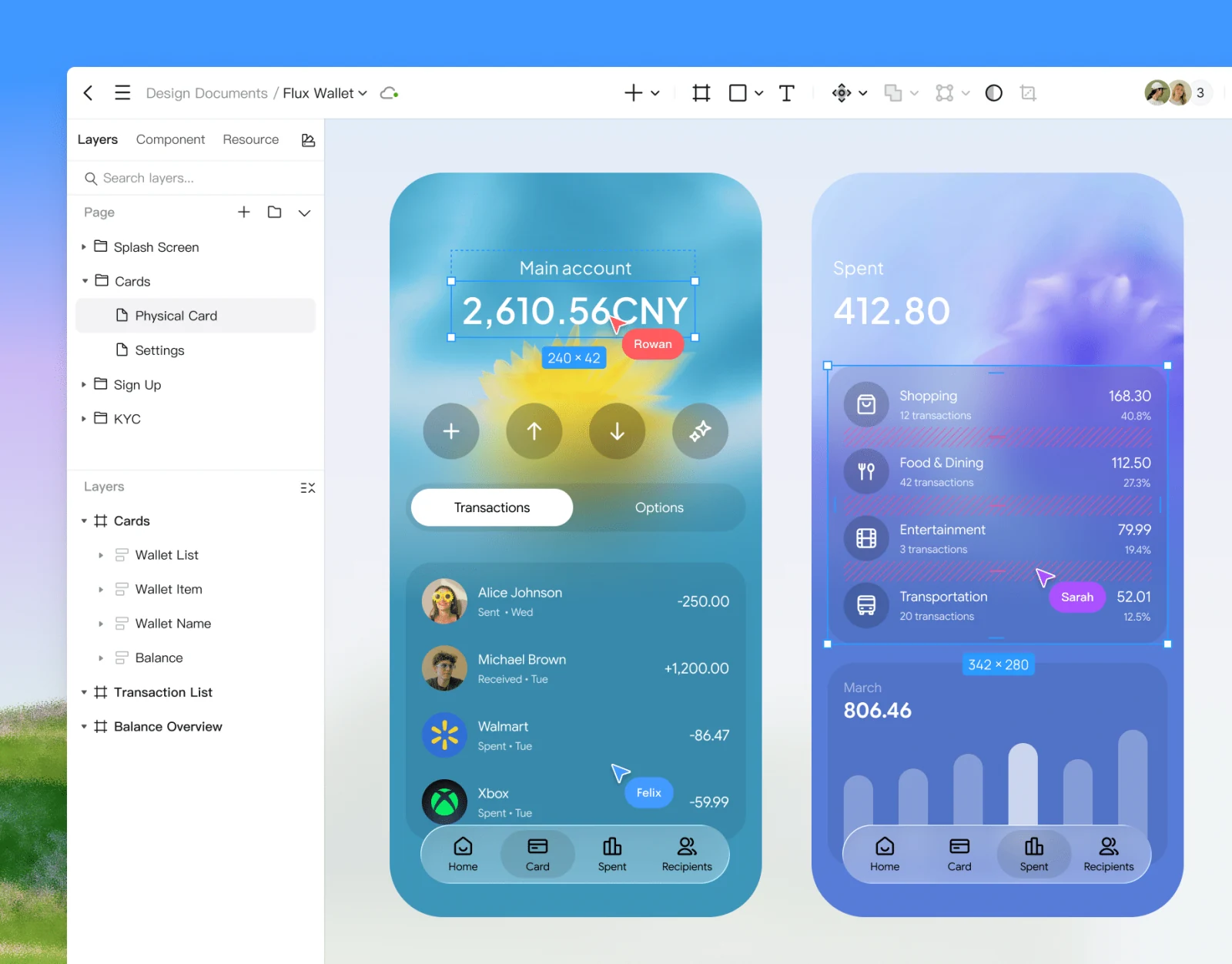 Редактирование текста и слоёв интерфейса приложения-кошелька в Pixso
