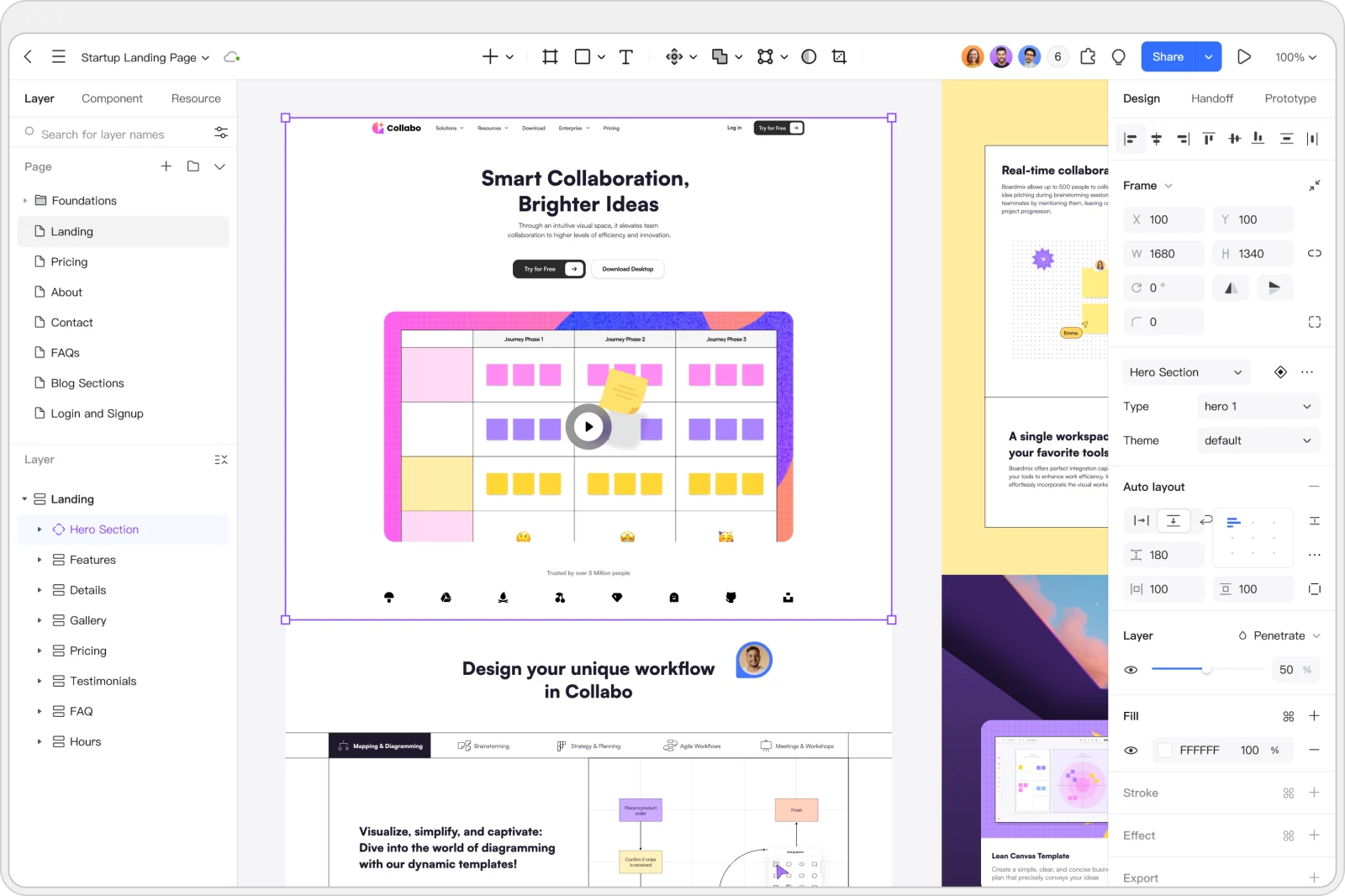 Página de destino de una startup en el editor de Pixso en inglés