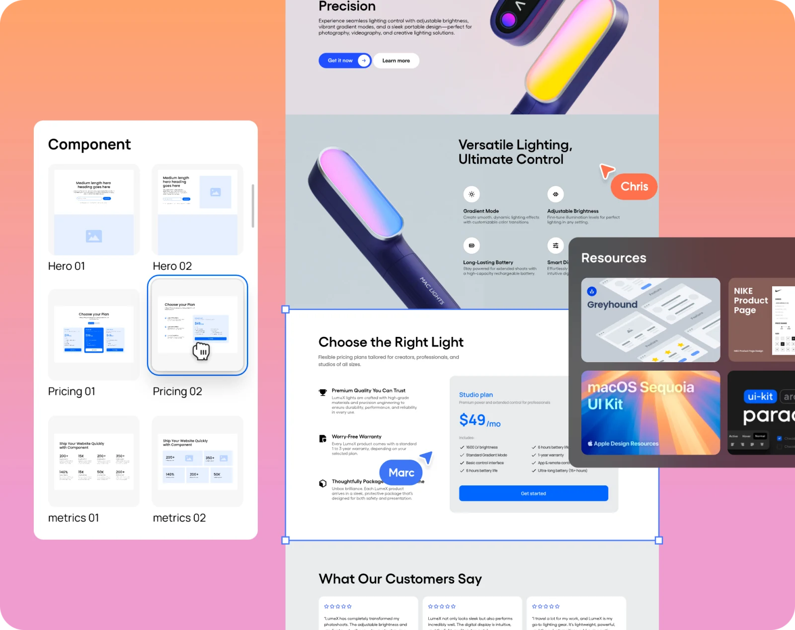 Lienzo web con componentes de portada y precios junto al panel Resources de Pixso