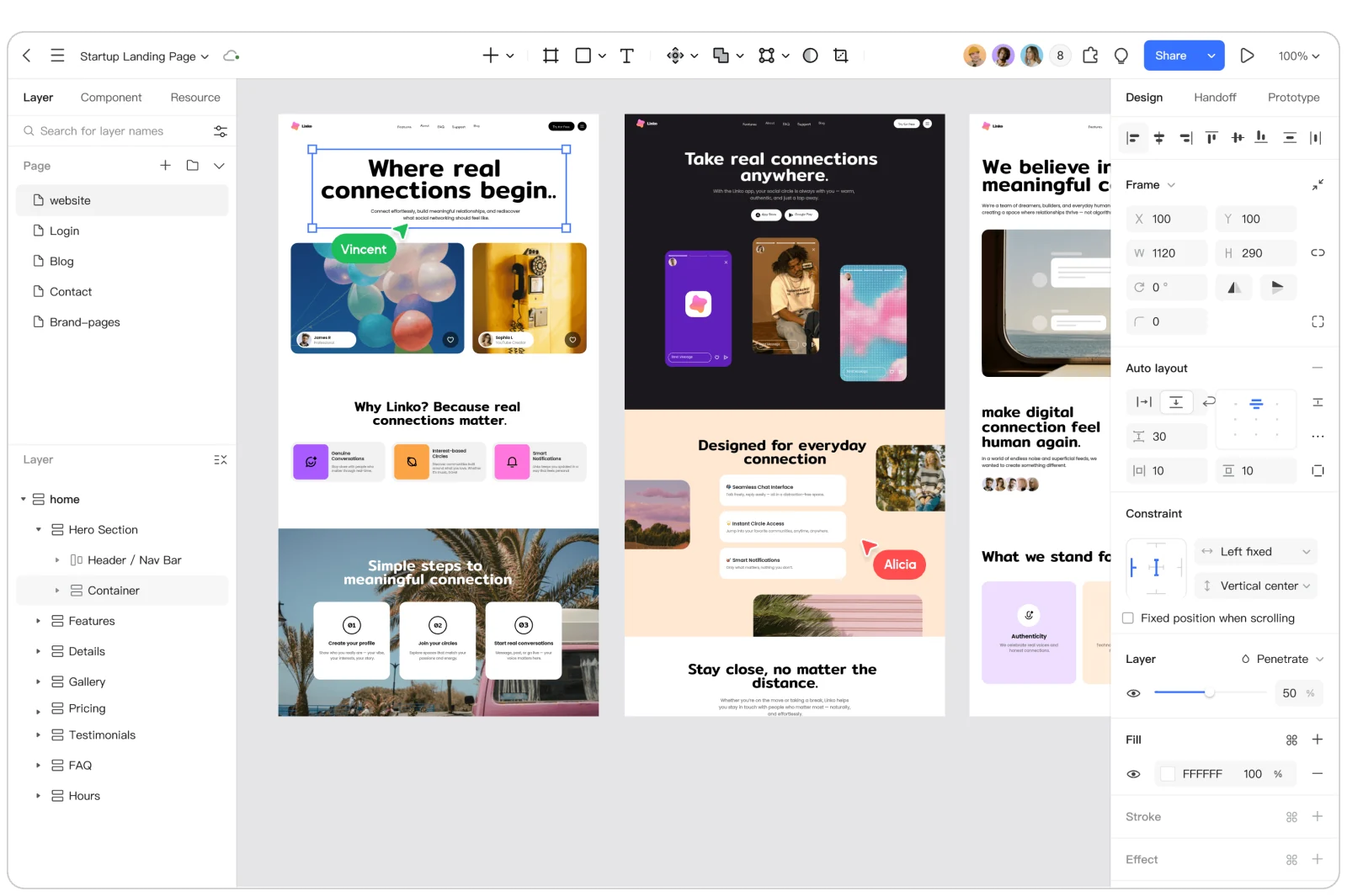 Tres diseños web de escritorio en un archivo de Pixso, con los paneles Layers y Design visibles