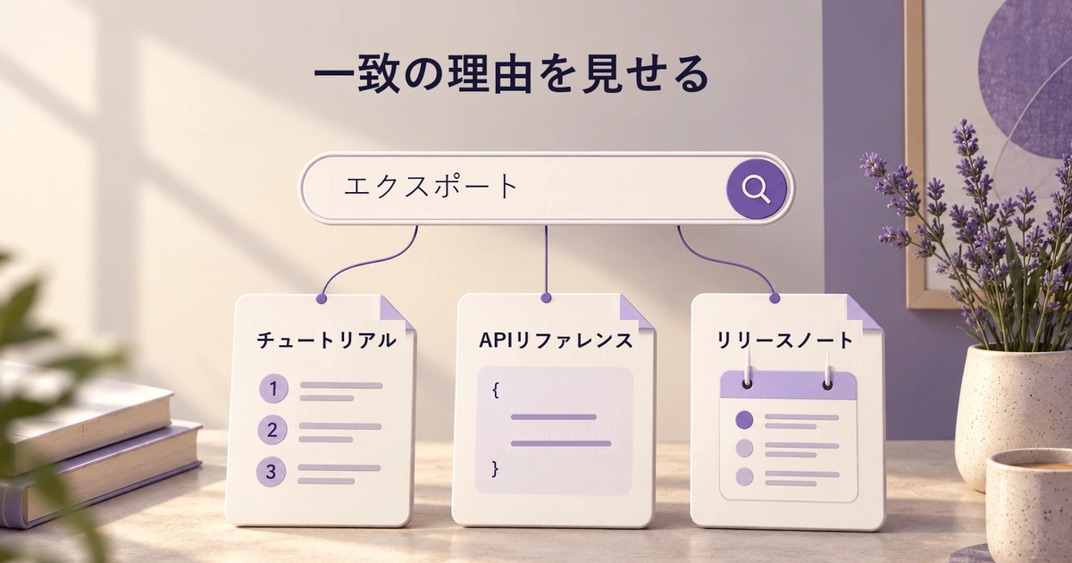 エクスポートという一つの検索語から、用途の異なるチュートリアル、APIリファレンス、リリースノートにつながる