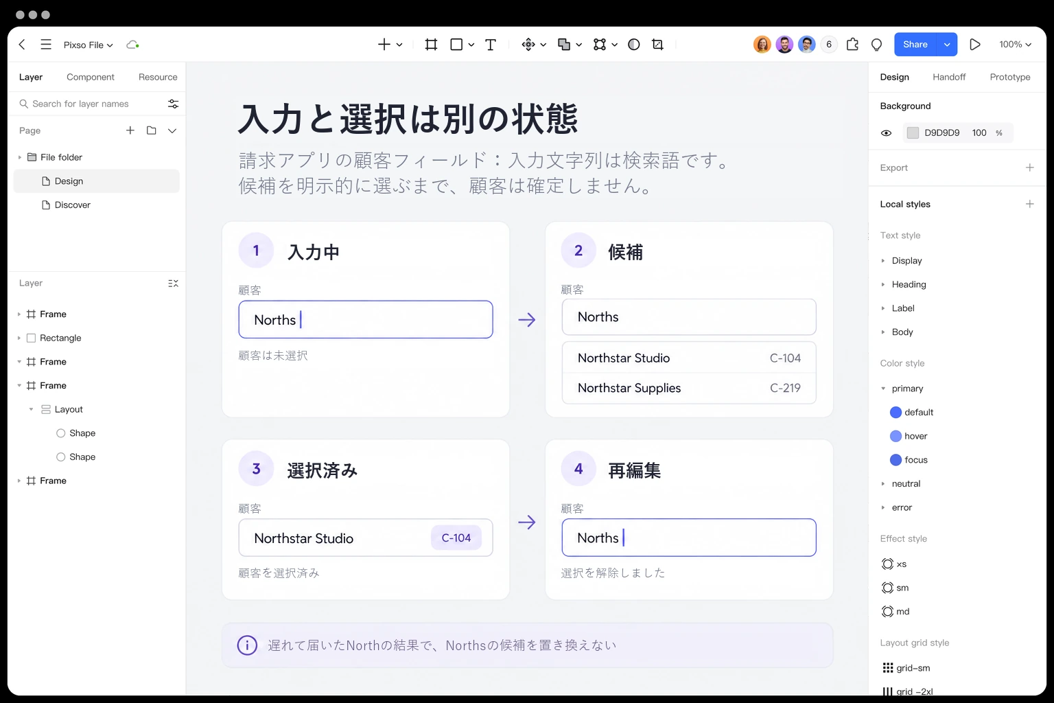 PixsoでNorthsの入力、2件の候補、Northstar Studio C-104の選択、選択を解除した再編集を区別する4つの状態