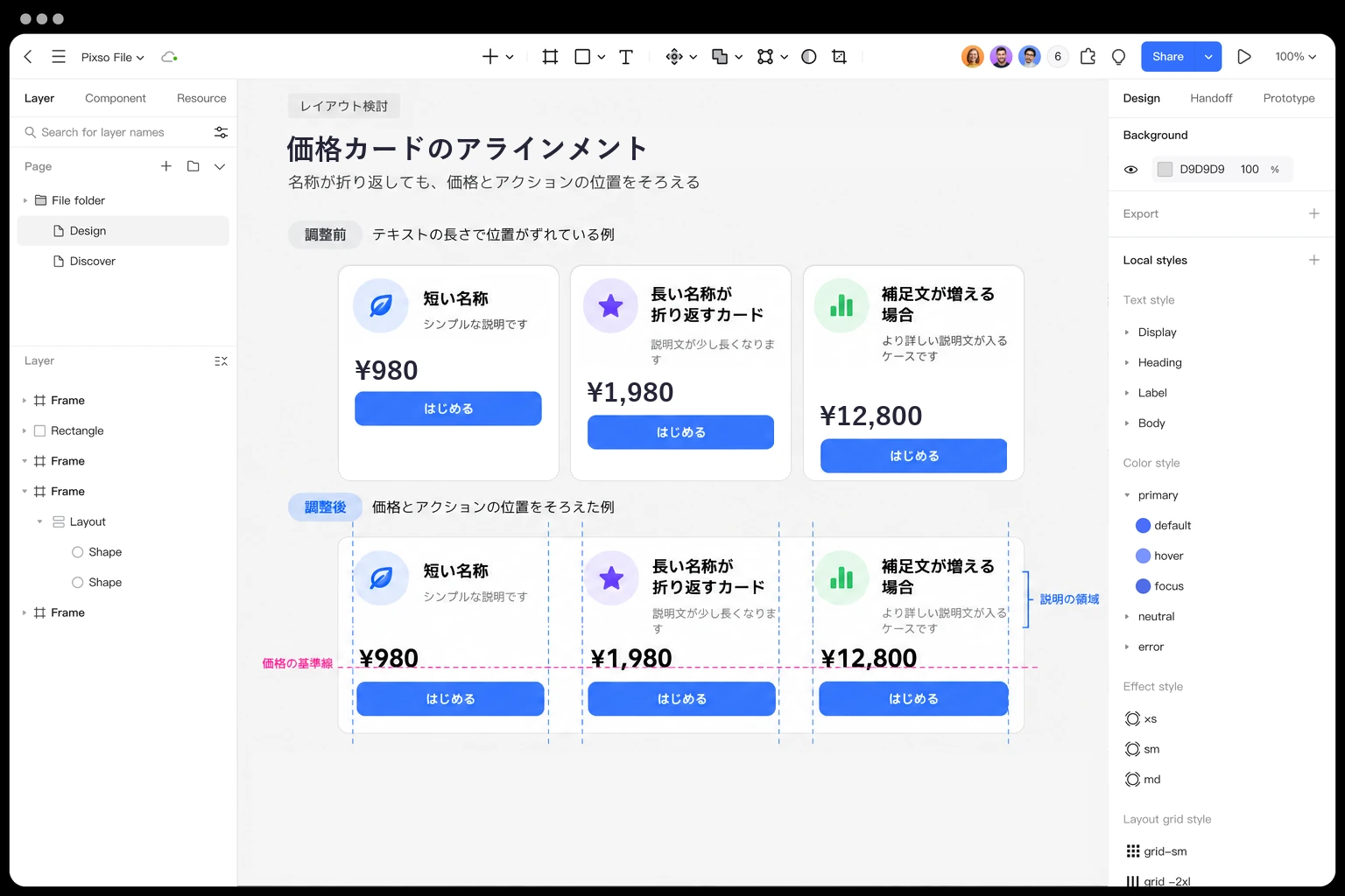 Pixsoで短い名称・長い名称・桁の多い価格を同じカードに入れ、価格と説明の位置を比較