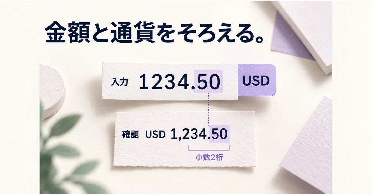 入力した1234.50にUSDの通貨を付けたまま、確認表示USD 1,234.50へ整える図