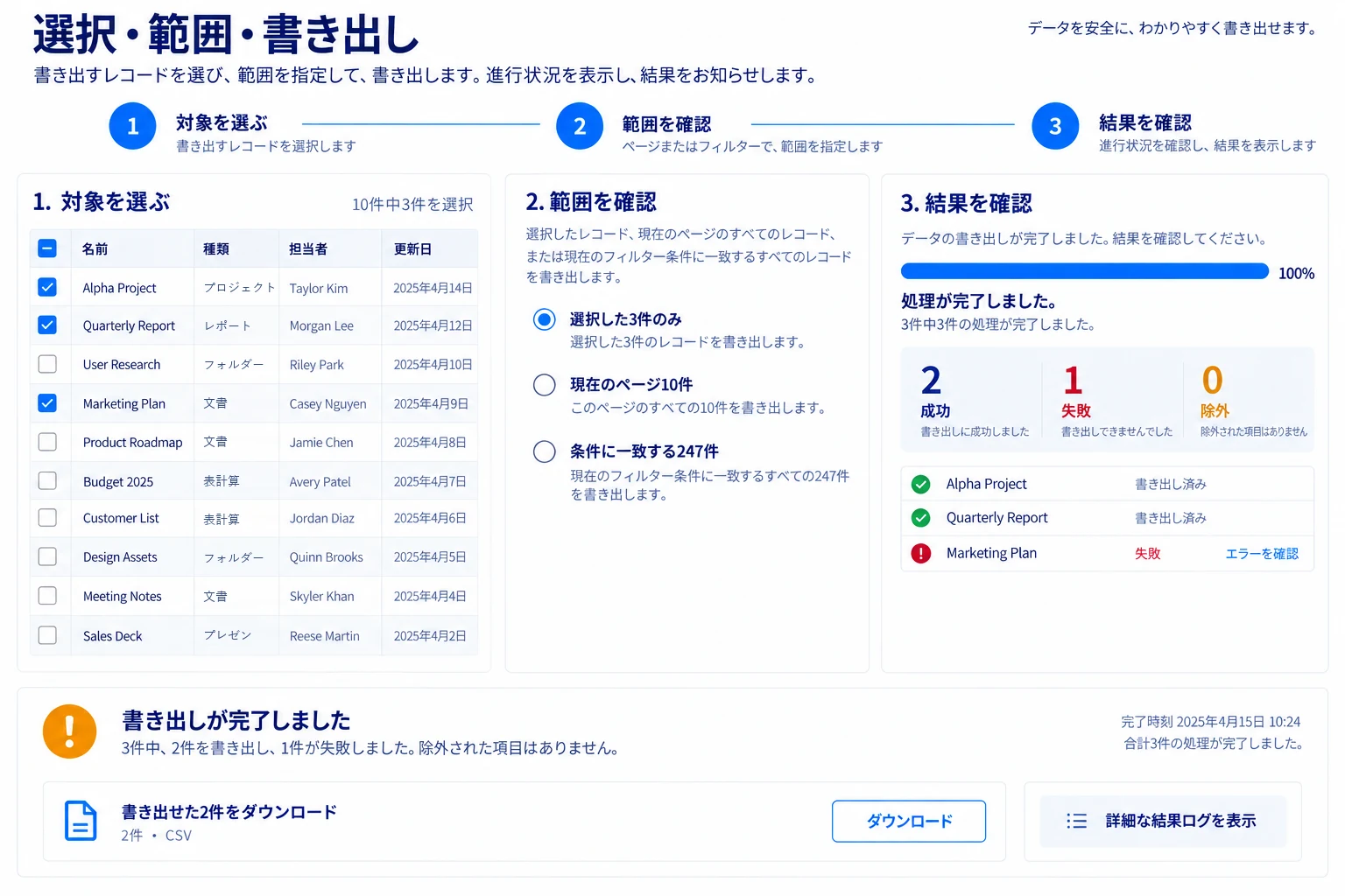 3行を選び、選択した行だけを処理する範囲を確認して、書き出し成功2件と失敗1件の内訳を確かめる流れ