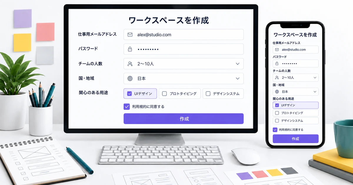 チーム用ワークスペースの登録フォームを、パソコンとスマートフォンで同じ項目順に設計した画面
