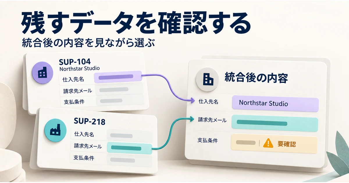 異なる連絡先を持つ二つの仕入先レコードから、残す値を確認して一つの結果へまとめる図