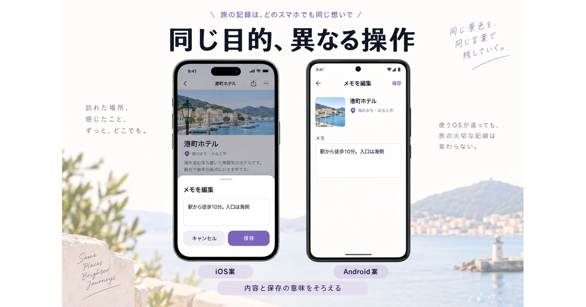 同じスポットのメモ編集をiOSとAndroidで設計し、共通情報と操作の違いを比較する画面