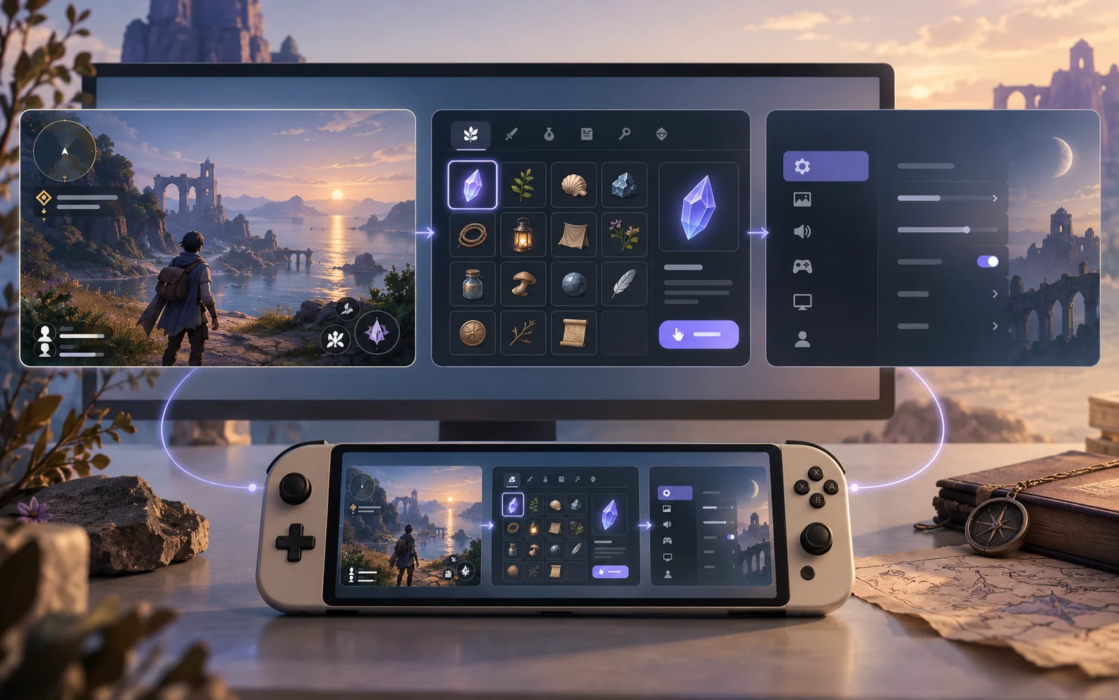 探索画面から持ち物と設定画面へ移るゲーム UI の情報設計