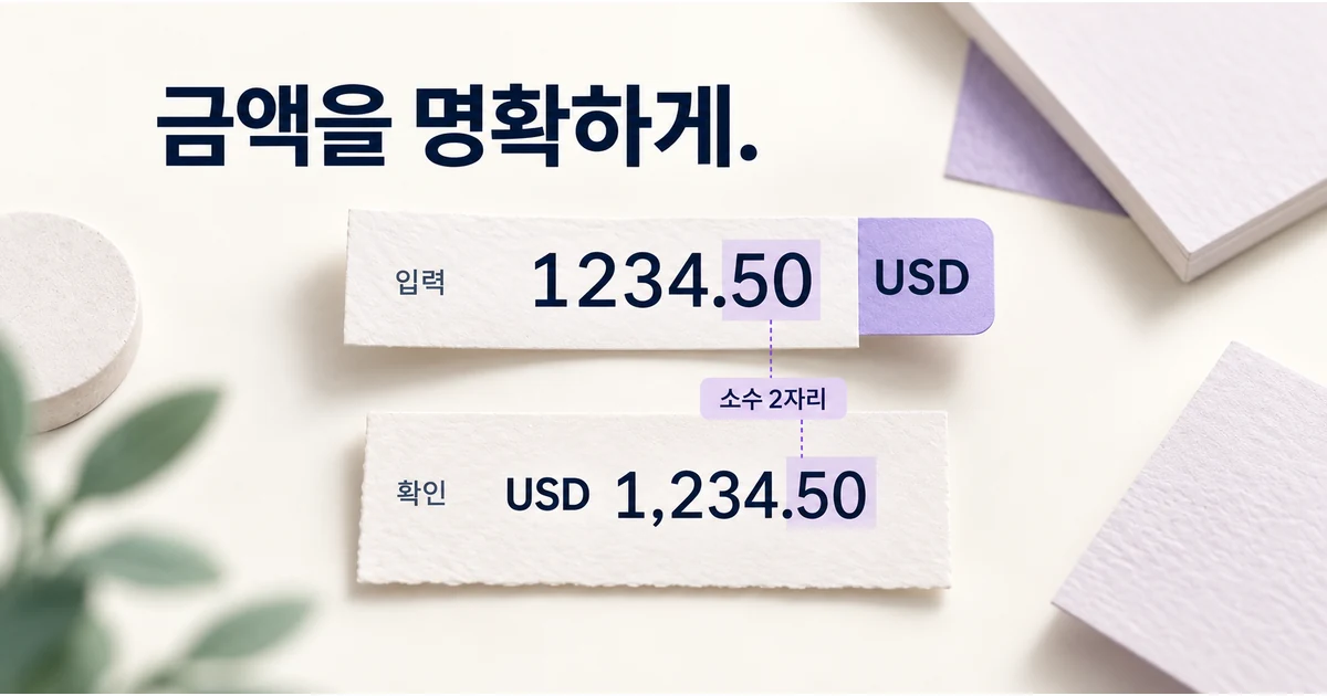 입력값 1234.50에 붙은 USD 통화가 확인 값 USD 1,234.50에도 그대로 유지되는 모습