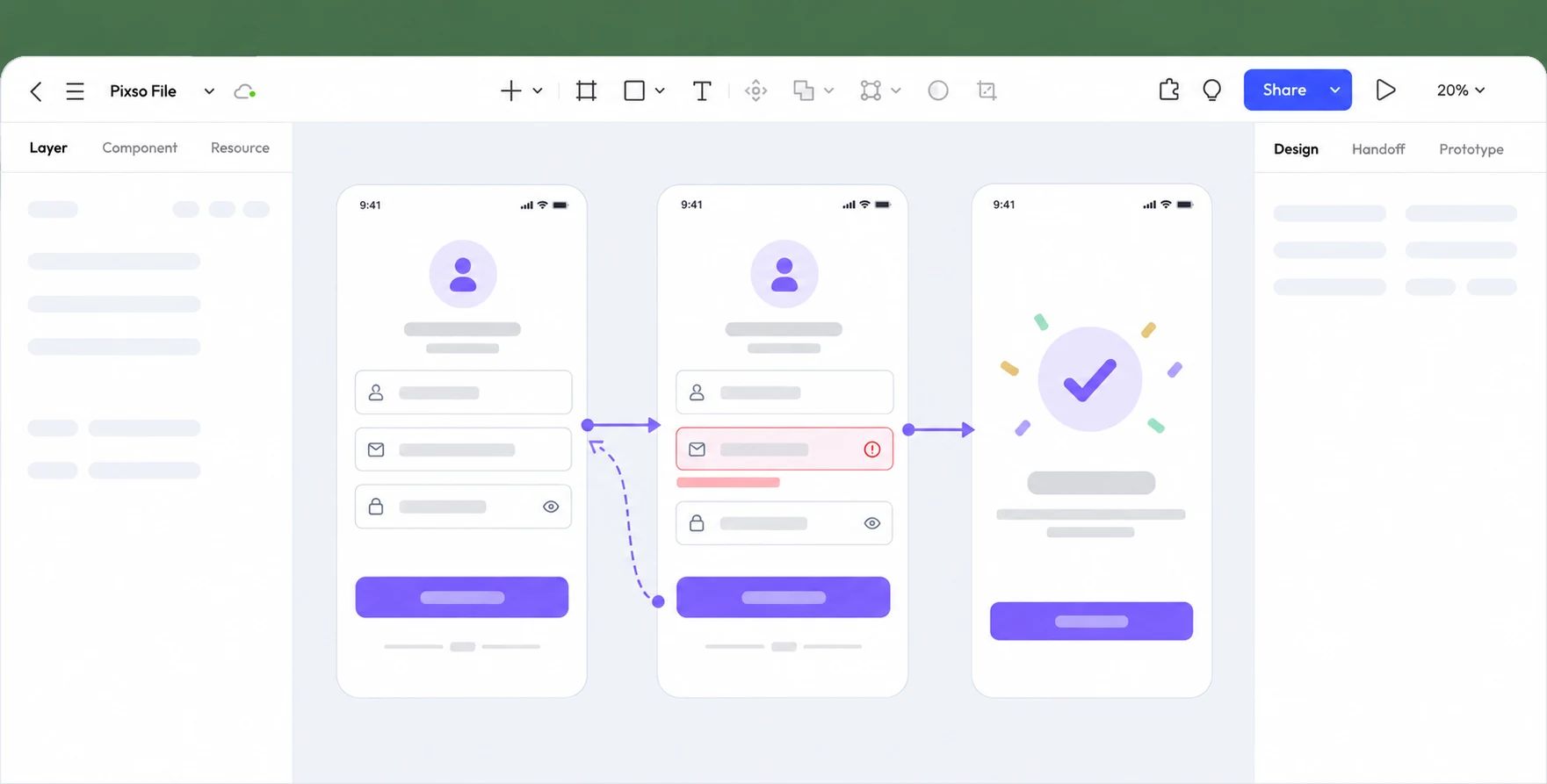 Pixso 작업 화면에서 가입 입력, 이메일 오류와 완료 상태를 연결한 프로토타입