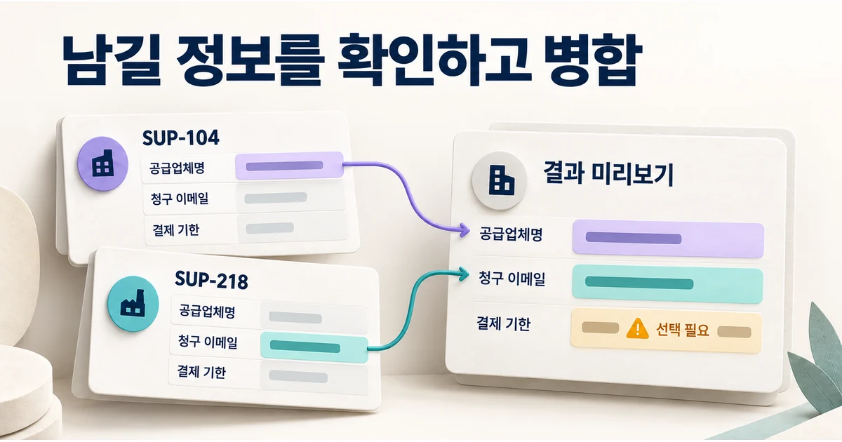서로 다른 연락처를 가진 공급업체 레코드 두 개에서 남길 정보를 선택해 하나의 결과를 검토하는 모습