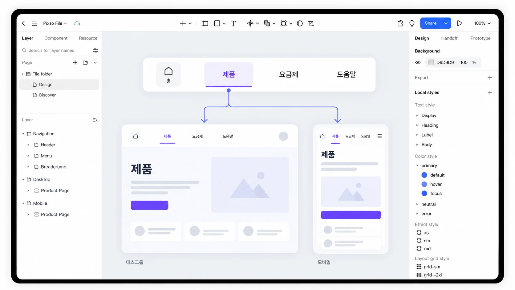 Pixso 캔버스에서 제품 메뉴의 선택 상태와 데스크톱·모바일 목적지 화면을 나란히 검토하는 장면