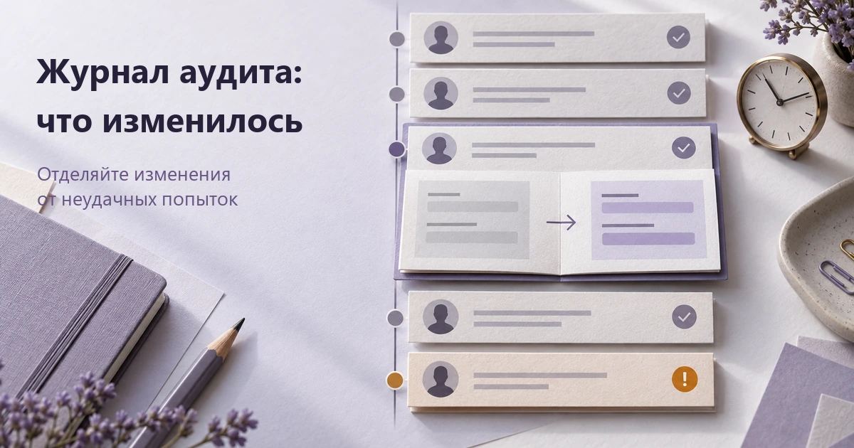 На временной шкале раскрыта карточка успешного изменения со сравнением до и после; неудачная попытка показана отдельно ниже