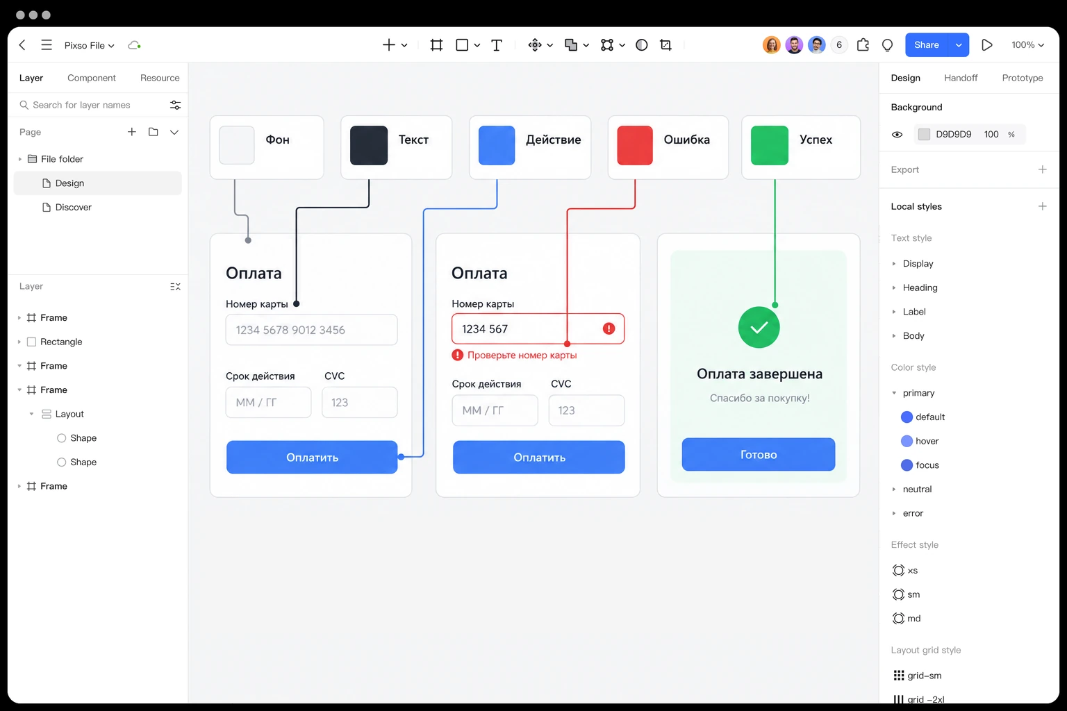 В Pixso обычное состояние оплаты, ошибка карты и подтверждение используют согласованные роли цвета и текстовые сообщения