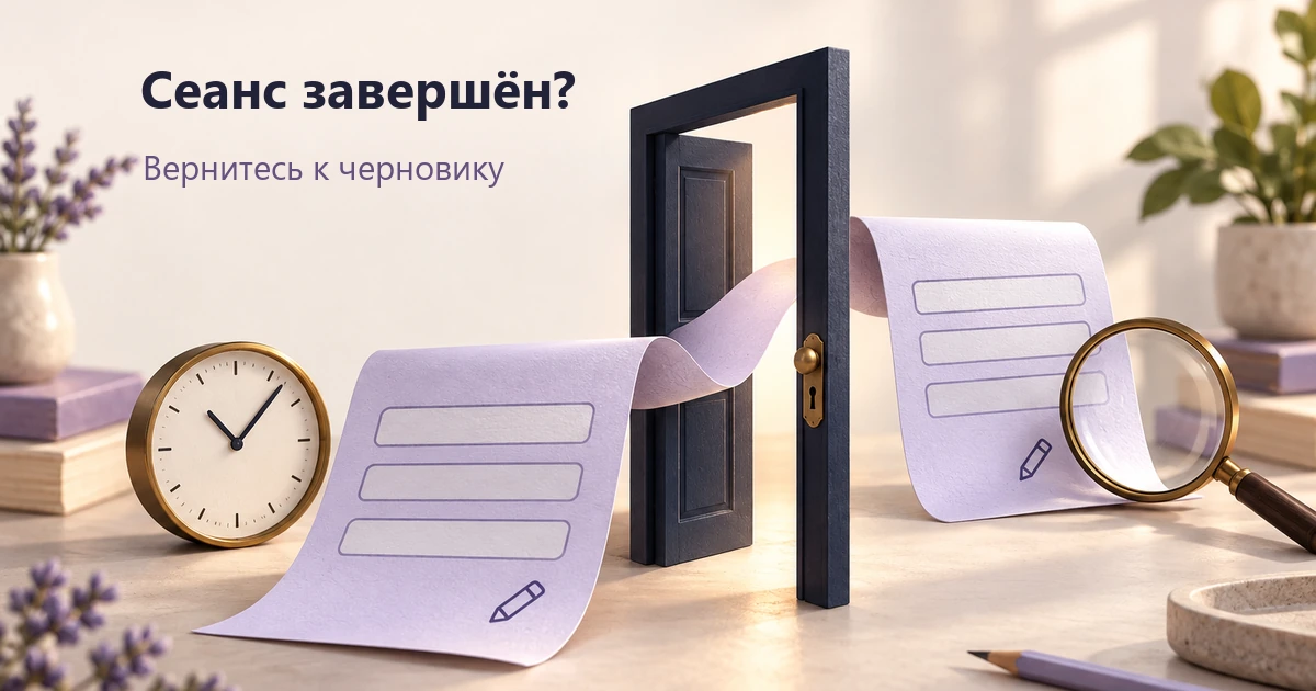 Бланк формы проходит через открытую дверь рядом с часами; заголовок предлагает вернуться к черновику