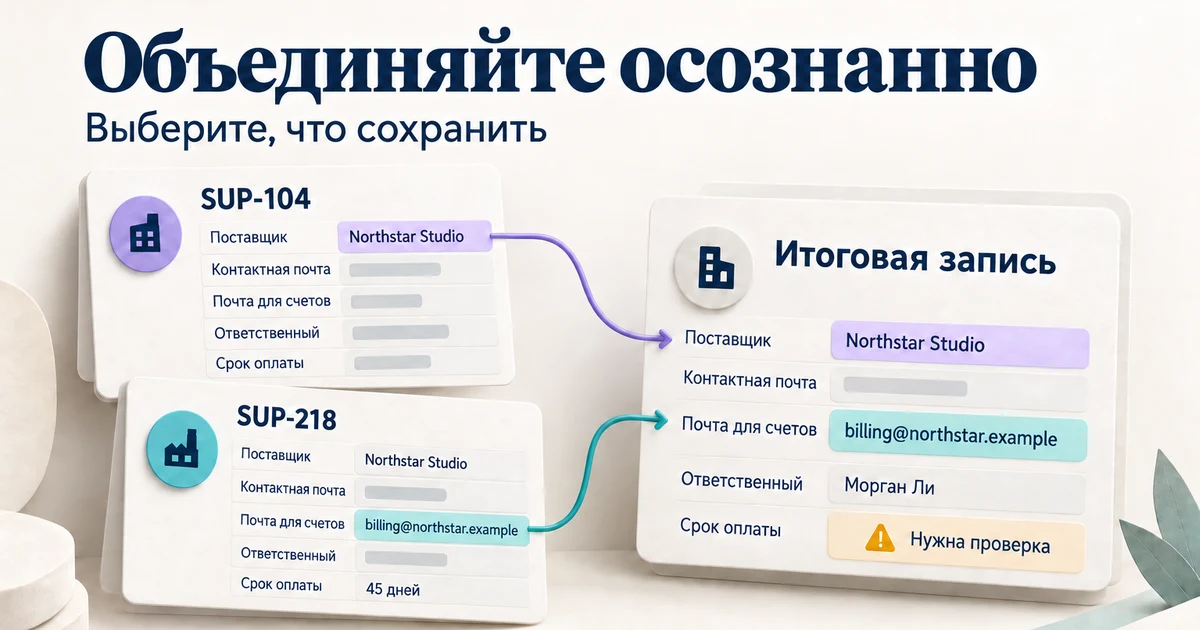 Объединение дубликатов: покажите, какие данные сохранятся