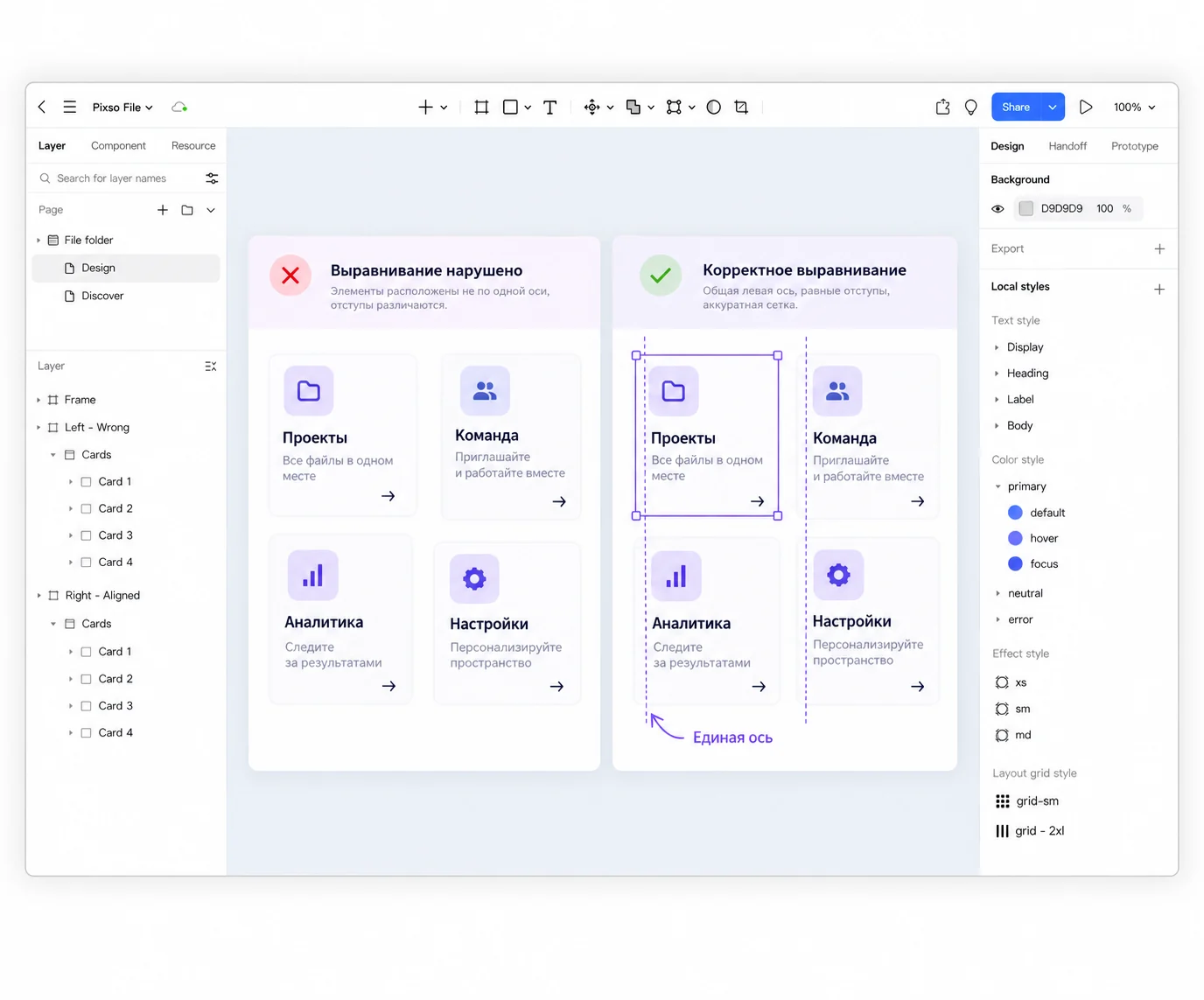На холсте Pixso сравниваются неровная и согласованная сетки карточек