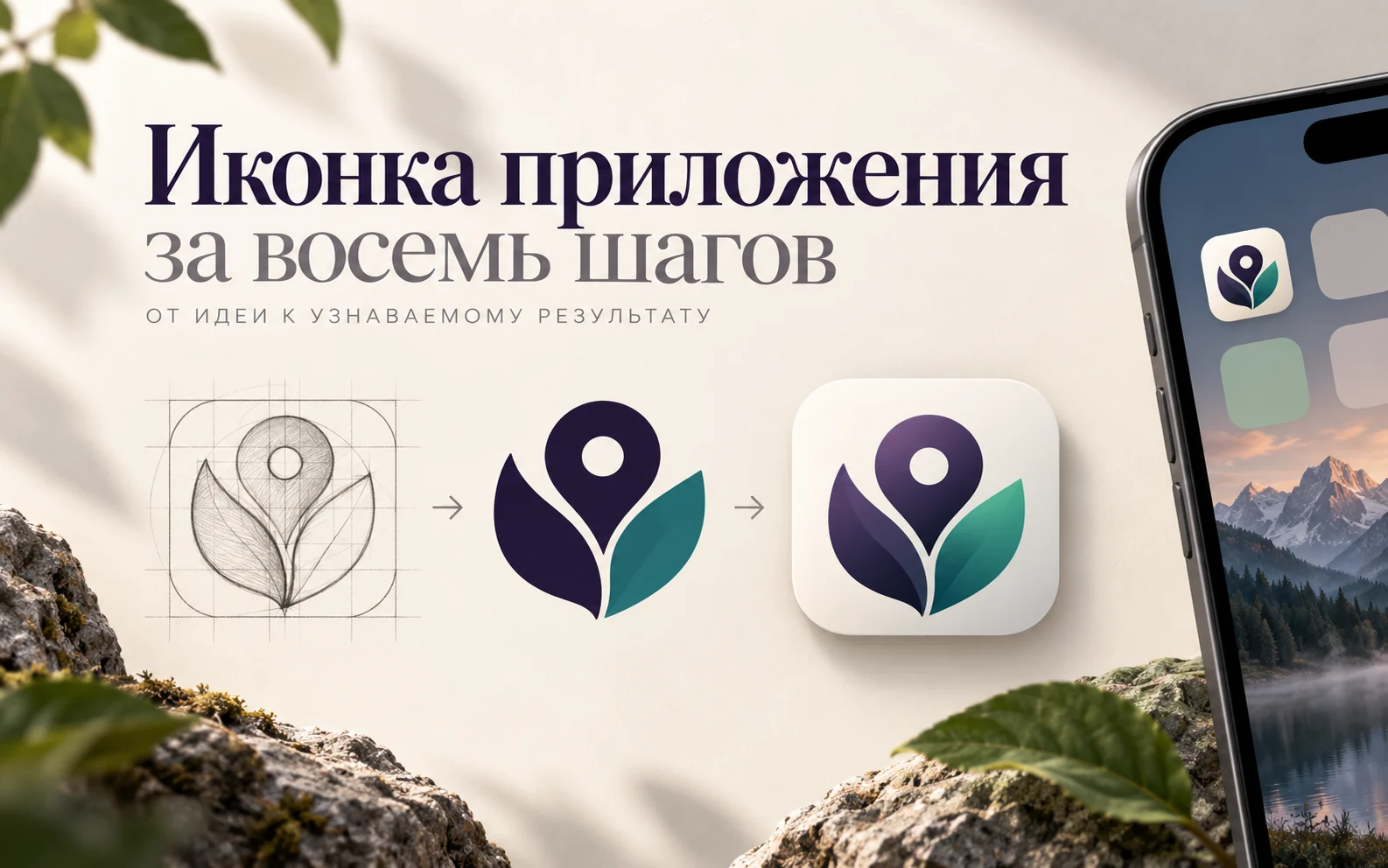 Эскиз, упрощённый знак и готовая иконка приложения для прогулок