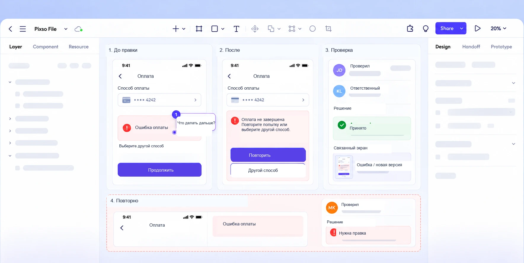 На холсте Pixso рядом показаны замечание об ошибке оплаты, исправленное состояние, решение ревью и повторное обнаружение проблемы
